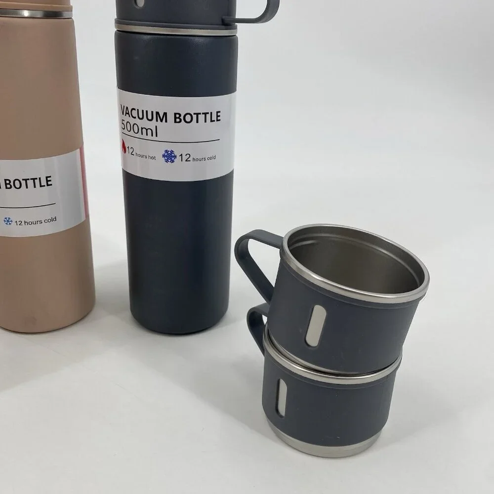 Vacuum Flask (2 Qty) Gift Set 500ML With 4 Extra Cups Pink And Black